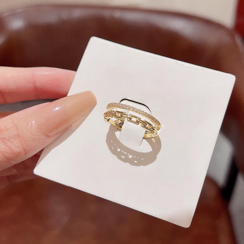 Bague Ouverte Ajustable Double Couche Tendance Zircon Haut de Gamme pour Femmes