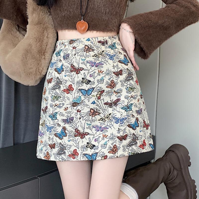 Women Stylish Vintage Butterfly Embroidery Jacquard A-line Skirt Streetwear Y2K Harajuku High Waist Sweet Chic Slim Mini Skirts