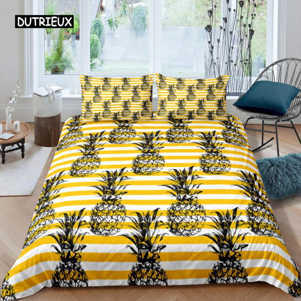 Pineapple Duvet Cover Set King Size Yellow Geometric Pineapple Bedding Set Seaside Beach Theme Fruit Printed Comforter Cover