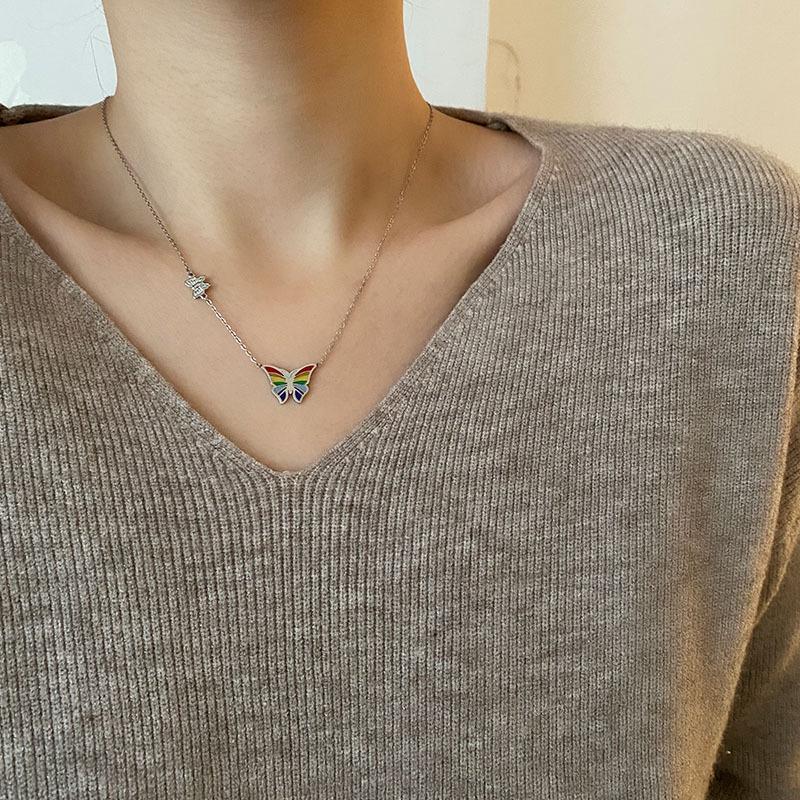 Colorful Butterfly Pendant Necklace, Women's Versatile Titanium Steel Accessory