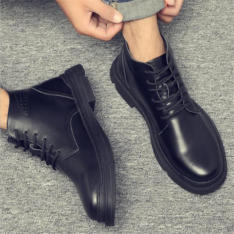 

Mens Autumn Winter Leather Mid High Boots British Style Casual Platform Work Boots 41 чорний