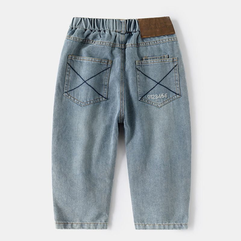 Spring and Autumn Korean Style Children s Jeans for Boys, Personalized Number Long Pants, Mid-Waist Straight Pants for Boys Image color 100