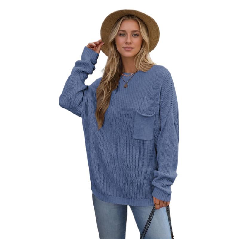 Winter Hot Sale Solid Color Chic Pocket Decorative Crew Neck Women's Bottom Knitted Sweater Pullover Sweater