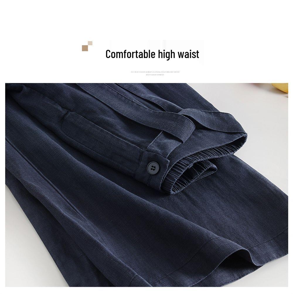 Lace-Up High Waist Cotton Linen Wide-Leg Cropped Pants