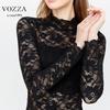 VOZZA Stretch-Bluse mit langem und einem hohen Power-Netz-Lang und einem Stehkragen, floral eng und entspannt, Damen-Allover-Spitze, durchscheinende Stickerei,