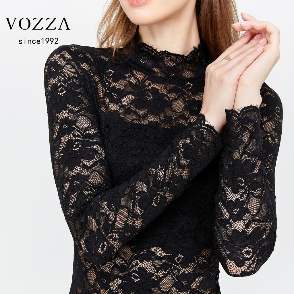 VOZZA Stretch-Bluse mit langem und einem hohen Power-Netz-Lang und einem Stehkragen, floral eng und entspannt, Damen-Allover-Spitze, durchscheinende Stickerei,