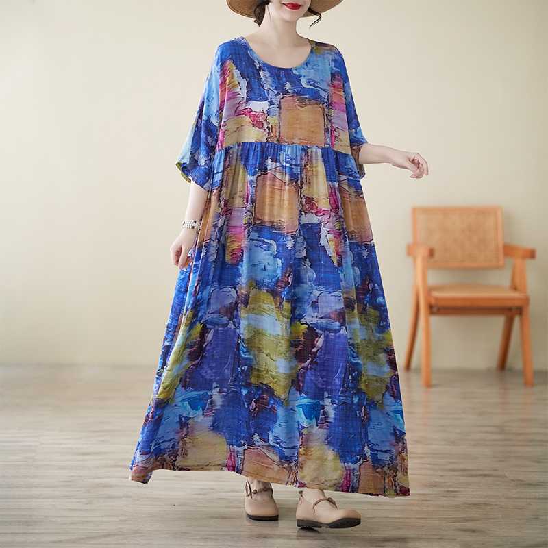 

Летнее новое платье с круглым вырезом, коротким рукавом, литературное, ретро, повседневное, свободного кроя, женское, большого размера, для женщин среднего и пожилого возраста, платье для внешней торговли one size fits all синий