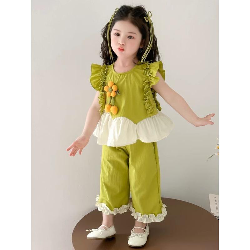 Girls Summer Cottagecore Outfit Flutter Sleeve Peplum Top Wide Leg Pants 2 Piece Set For Toddler Kids