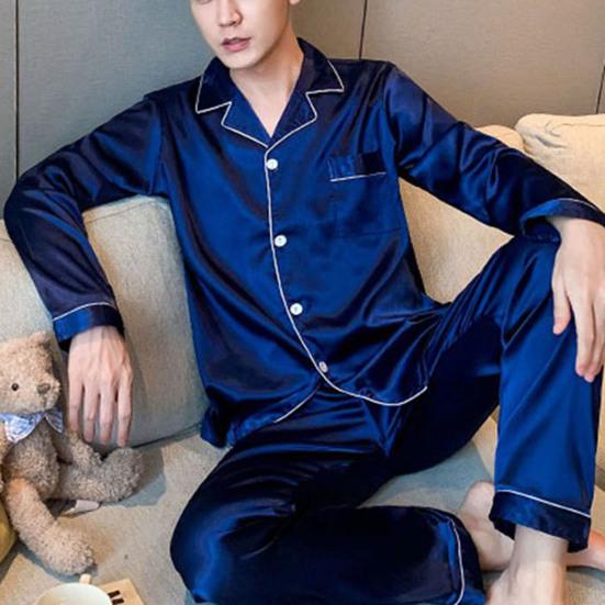 1 Takım Erkek Gecelik Tek Renk Uzun Kollu Tek Sıralı Ev Giyimi Buz İpek Bol Büyük Beden Pijama Takımı Ev İçin