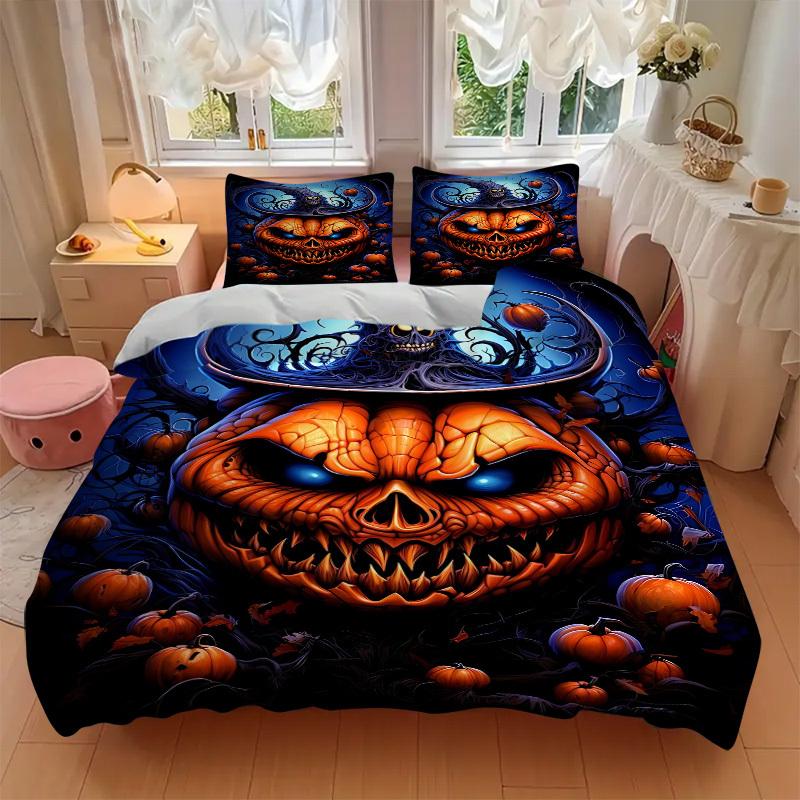 3pcs Pumpkin Head Halloween Bedding Set, Includes Without Pillow Inserts, Soft Comfortable Bedding Set,All-Season Use A0924094