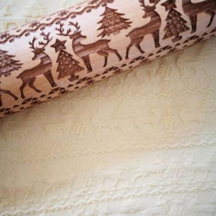 Popular Reindeer Print Laser-Engraved Wooden Rolling Pin for Christmas Cookie Baking