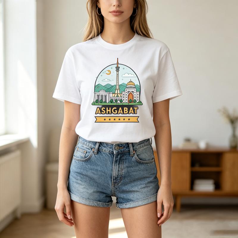 Ashgabat City Landscape Graphic T Shirt Travel Souvenir Badge Print Unisex Soft Cotton Crew Neck Short Sleeve Casual Top