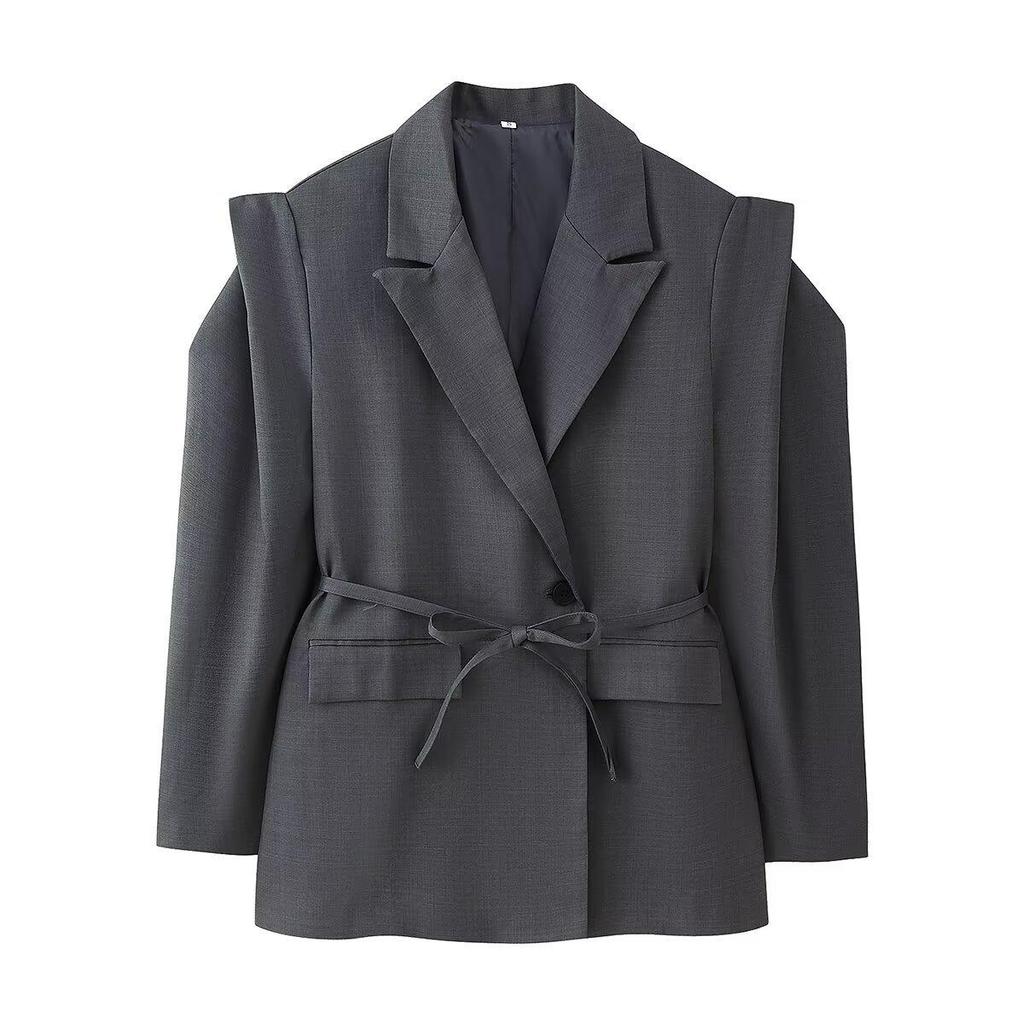 European & American Women's Fashion Commuter Waist-Tie Shoulder Pad Blazer