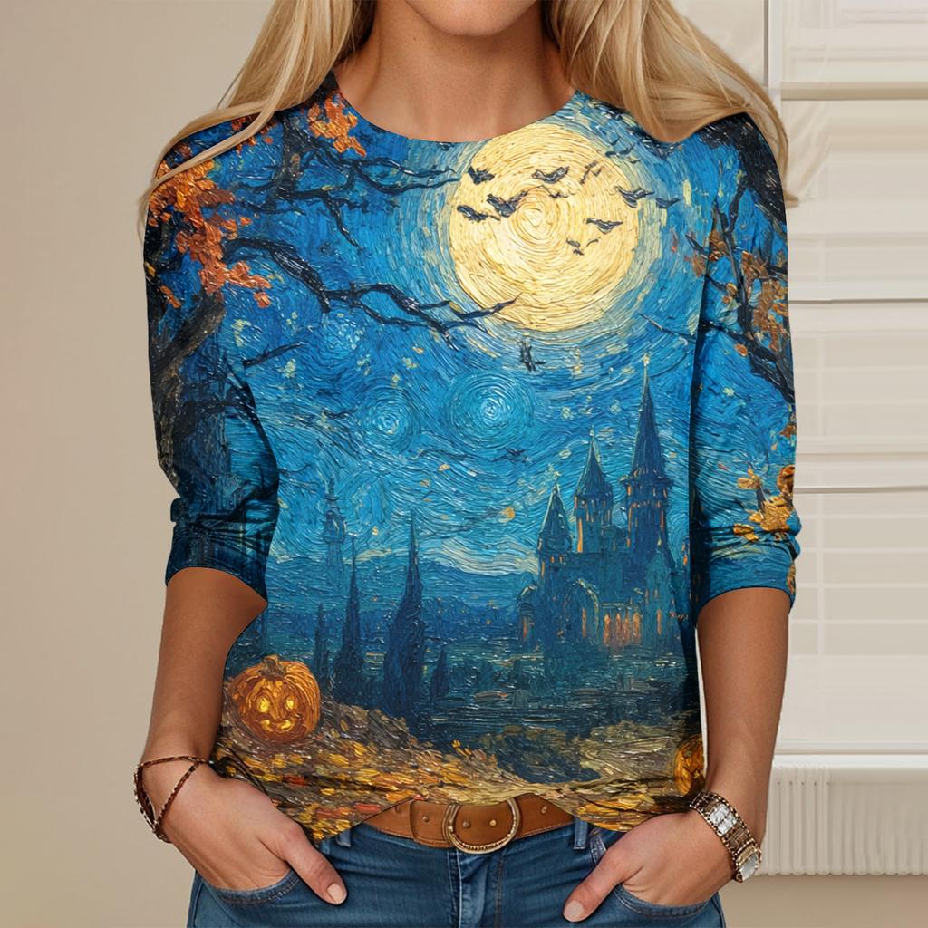 Women's Long-sleeved Loose-necked Halloween Print Casual Top, Suitable for Holiday Parties