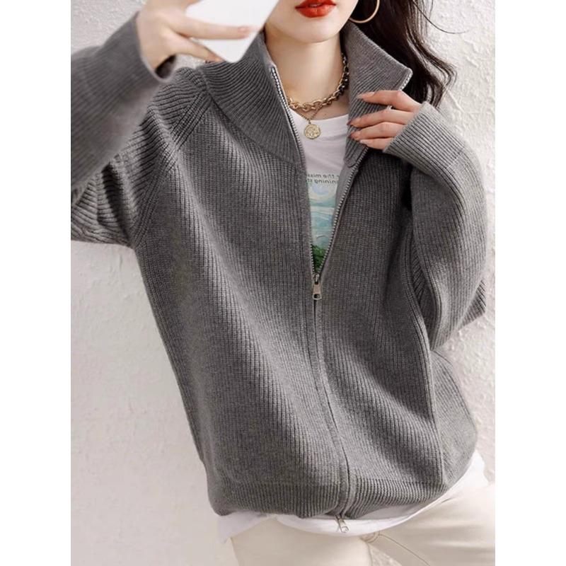 Autumn/Winter Fashion Cardigan Knitted Women Sweater Elegant Long Sleeve Zipper Loose Casual Office Top New Stand Collar Jacket
