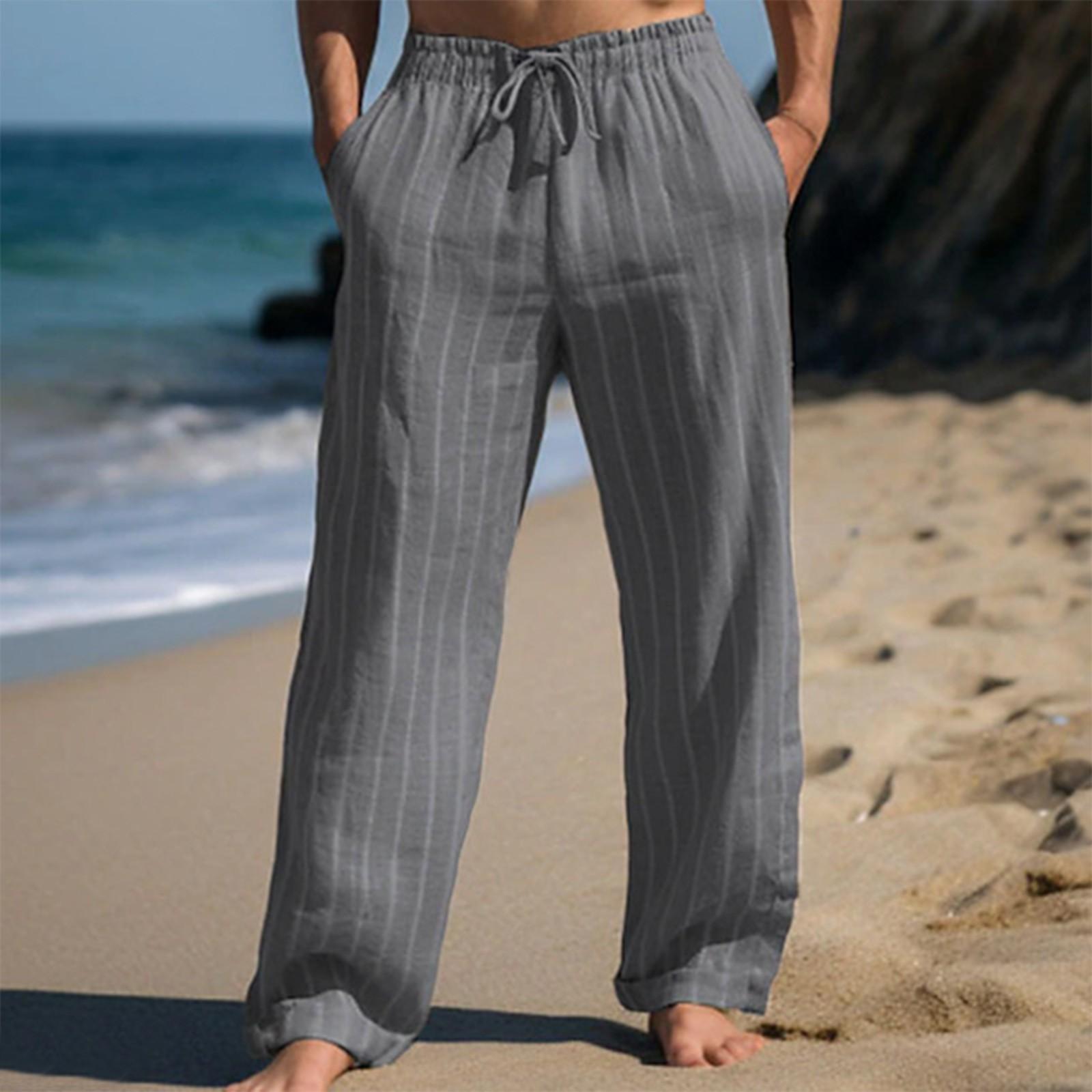 

Men s Linen Pants Stretch Waist Comfortable Breathable Straight Striped Pants L