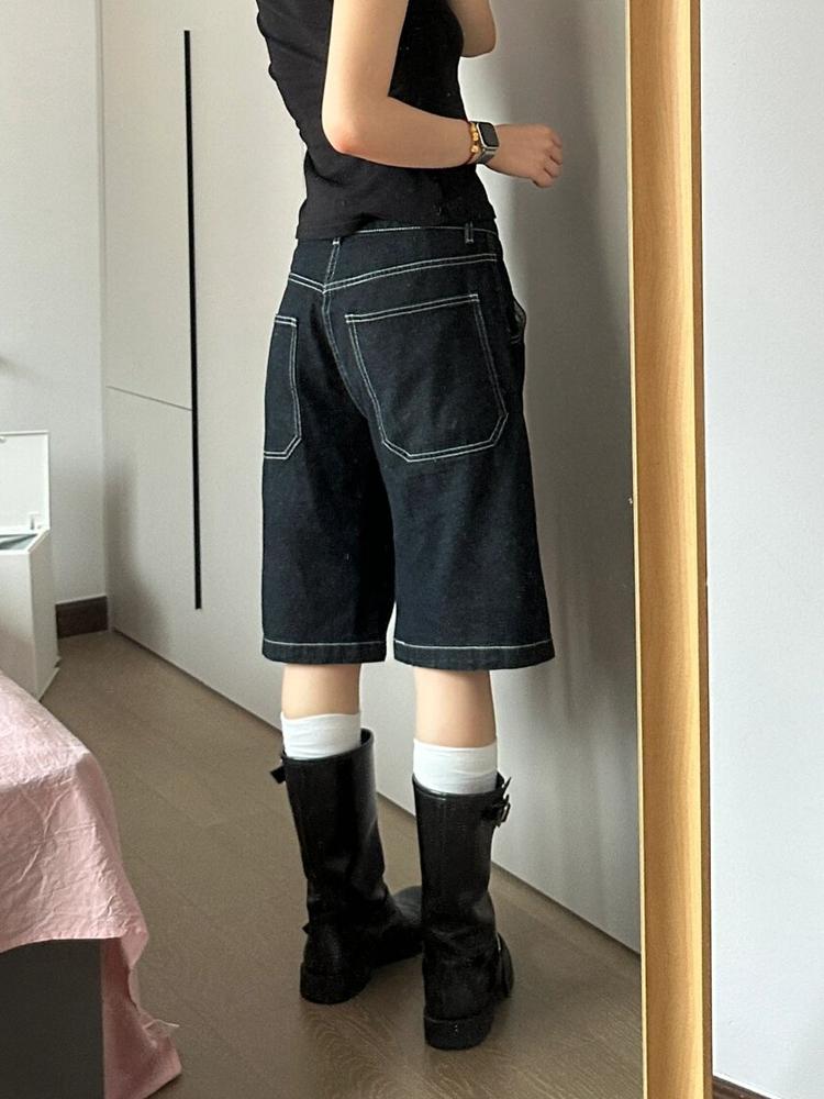 

Европейские американские широкие джинсовые шорты женские повседневные свободные утягивающие брюки с высокой талией и пятью точками прямые брюки модные 3XL