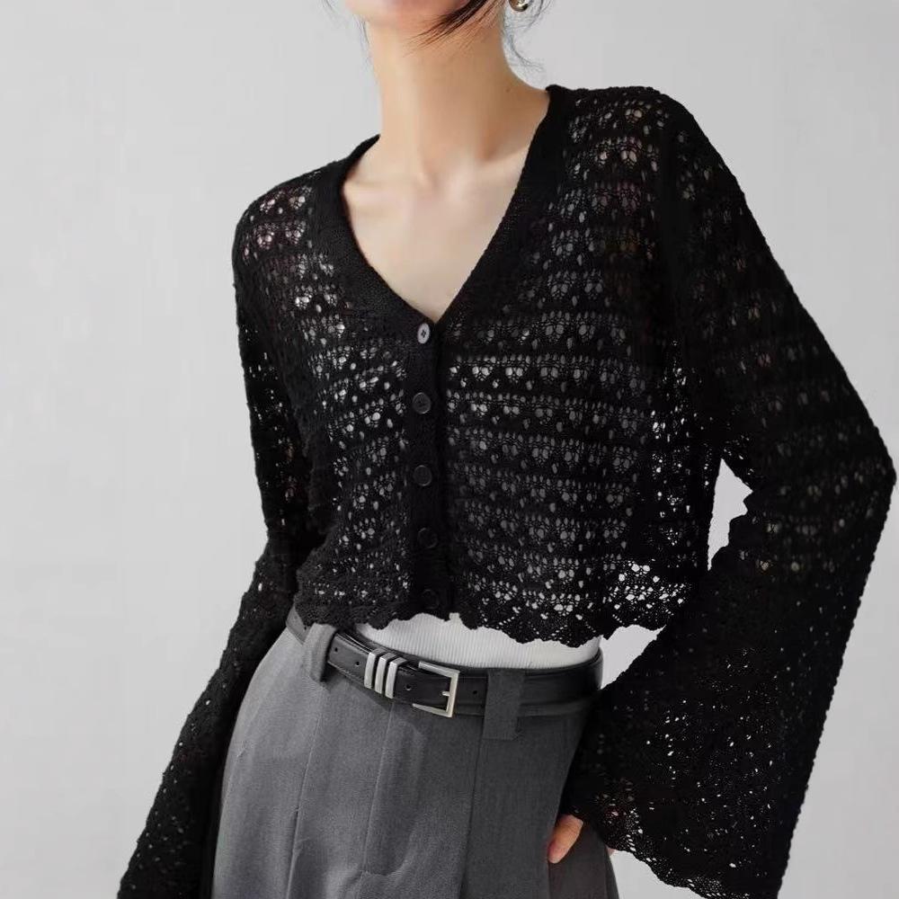 Female Hollow V-neck Knitted Cardigan Thin Cover Long Sleeved Solid Color Top Fashionable
