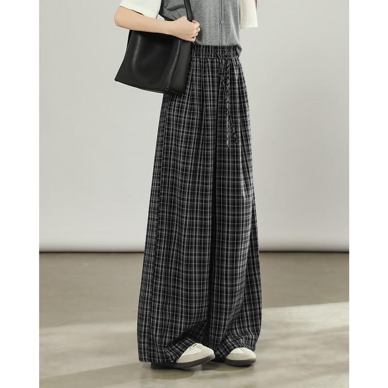 TERRE BLEUE Women's Plaid High-Waist Loose Straight-Leg Pants