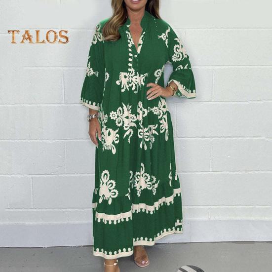 Fall Spring Dress Stand Collar Long Sleeves Color Matching Print Pleated Patchwork A-line Loose Hem Ankle Length Dating Daily Wear Maxi Dress