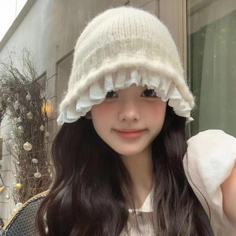 Lace Lace Knitted Bucket Hat Women Autumn and Winter Small Face Wool Hat Big Head Circumference Plush Hat Winter