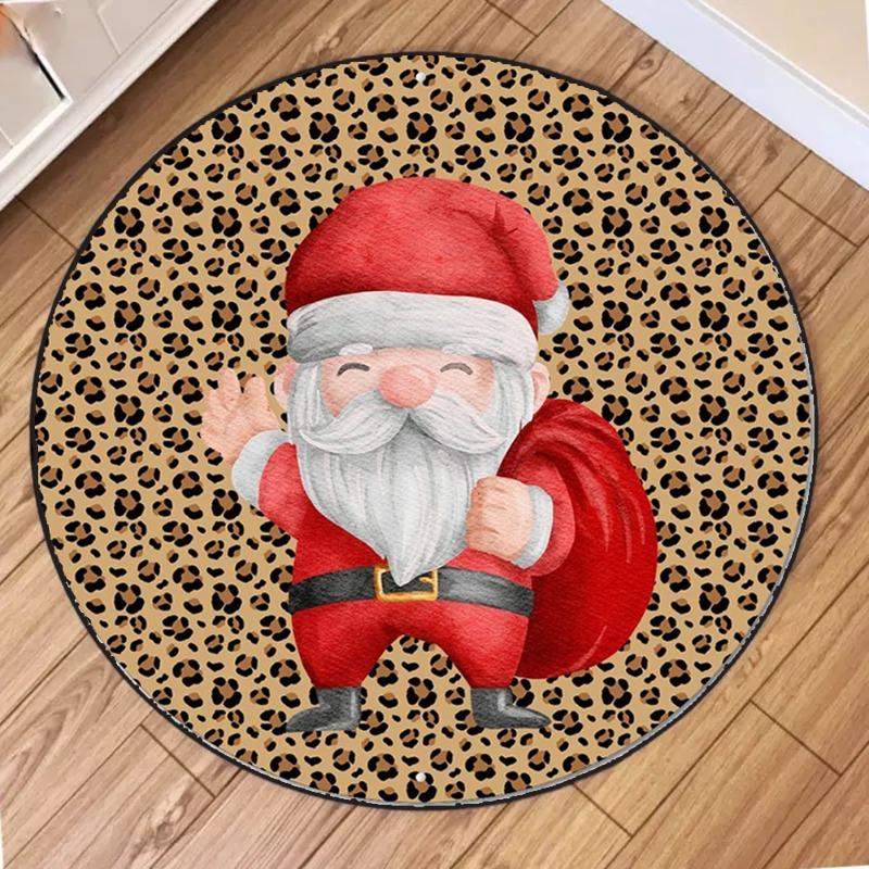 Cartoon Vintage Leopard Santa Claus Round Carpet Mat Rug Christmas Gift Bag Holly Home Decoration Living Room Bedroom Party