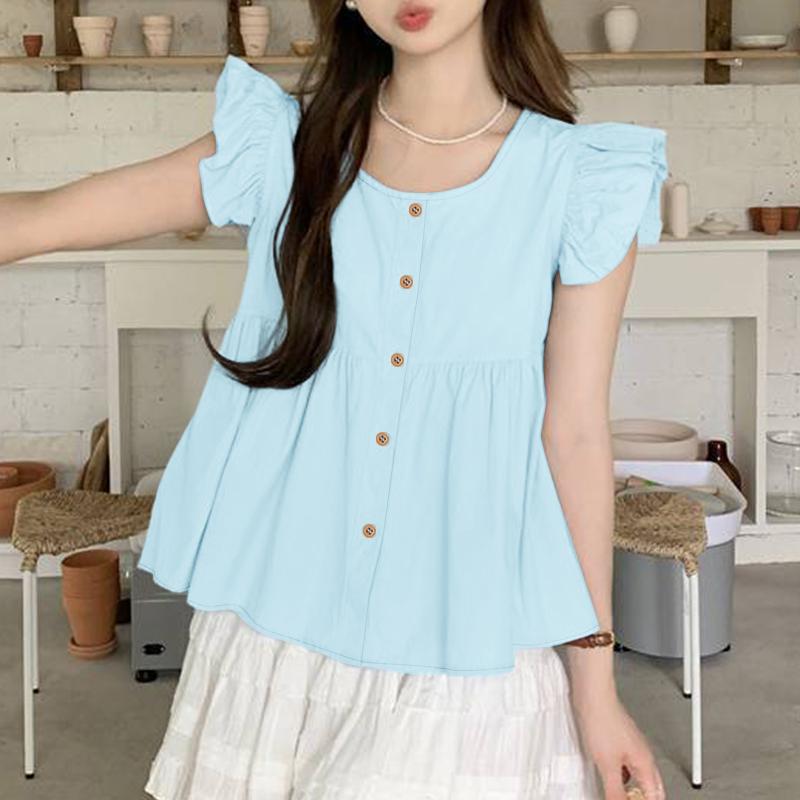 

ZANZEA Женская повседневная блузка с круглым вырезом, однотонная, летняя, с коротким рукавом 4XL синий