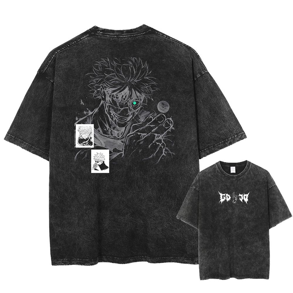 Japan Anime Jujutsu Kaisen Gojo Satoru Print Washed Tshirt Men High Quality Cotton T-shirts Manga Casual T Shirt Harajuku Tops