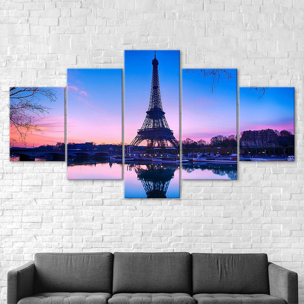 Eiffel Tower Paris Pink Sunset Scenery 5 Piece Five Panel Wall Canvas Print Modern Art Poster Picture Home Decor Gift For Him For Her