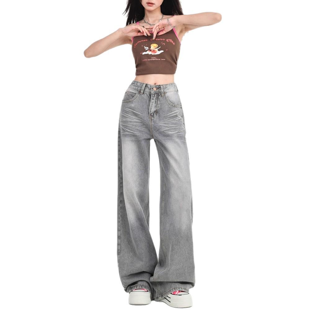 Women's 2025 Spring Gray Low-Rise Wide-Leg Retro Petite Jeans