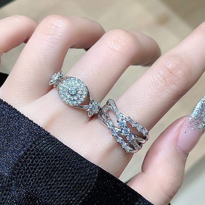 Geometric Full Diamond Zircon Ring Women'S Light Luxury Niche Design High-End Index Finger Ring Set Cold Wind Ring