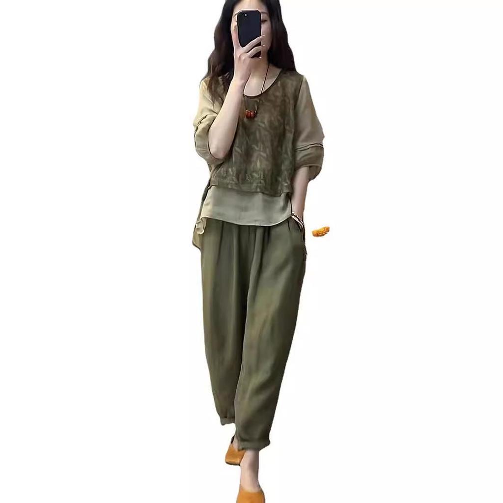 סט קיץ אביב לנשים מידות גדולות נושם קל משקל הדפס טלאים חולצה מזויפת + מכנסי הרלן מחטבים סט שני חלקים