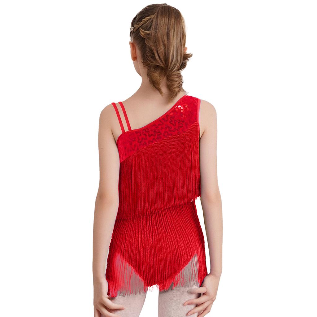 Mädchen Modernes Standardtanzkostüm Ärmellos Stufige Quasten Body Asymmetrisches Design Latein Salsa Tanzbekleidung