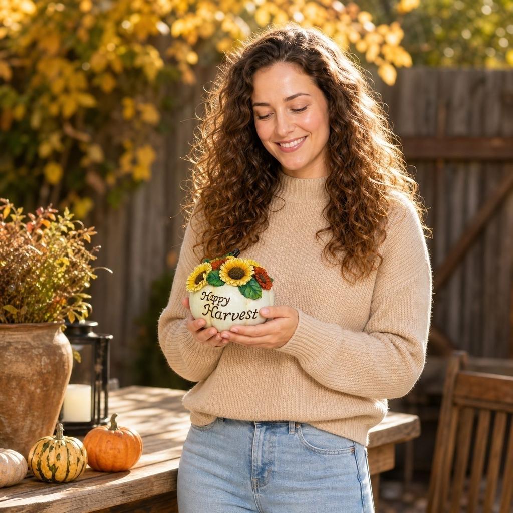 Resin Pumpkin Figurine with Sunflower Embellishment and Happy Harvest Lettering for Home Tabletop Decor Display