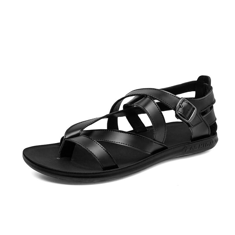 Sommer Neue Kuhleder Herren Sandalen Designer Schwarz Flache Freizeitschuhe Outdoor Hohe Qualität Beah Sandalen Marke Urlaub Herren Hausschuhe 45 schwarz
