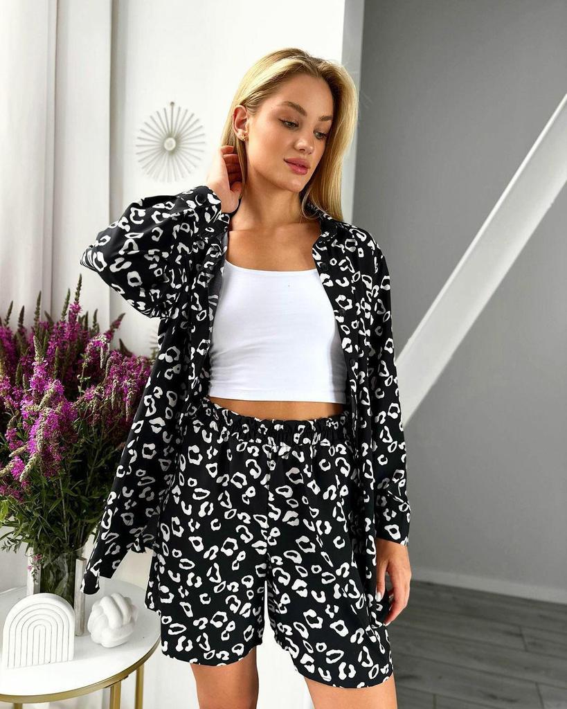 Plus Size Leopard Print Cardigan & Shorts Set for Spring/Autumn