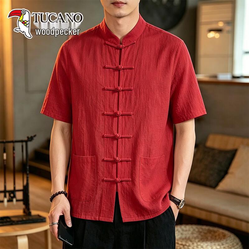 Tucano Men's New Chinese Style Cotton Linen Short-Sleeve Shirt