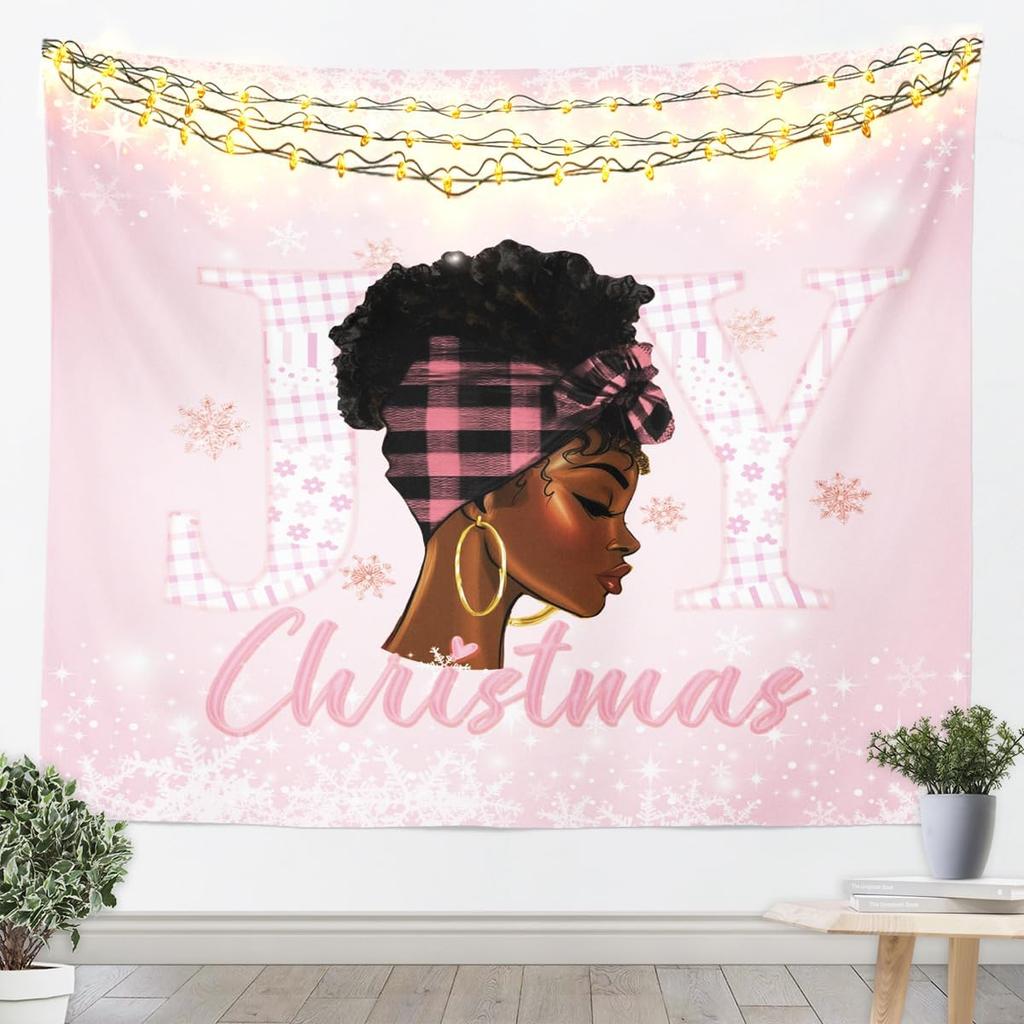 Black Santa Claus Tapestry Afro African American Wall Art Merry Christmas Wall Hanging Blanket for Living Room Bedroom Home
