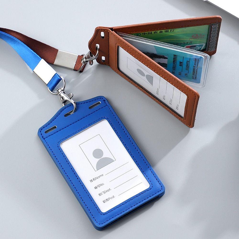 High Quality PU Leather Work Card Holder With Neck Lanyard Solid Color ID Card Cover Chest Cards Cases Business