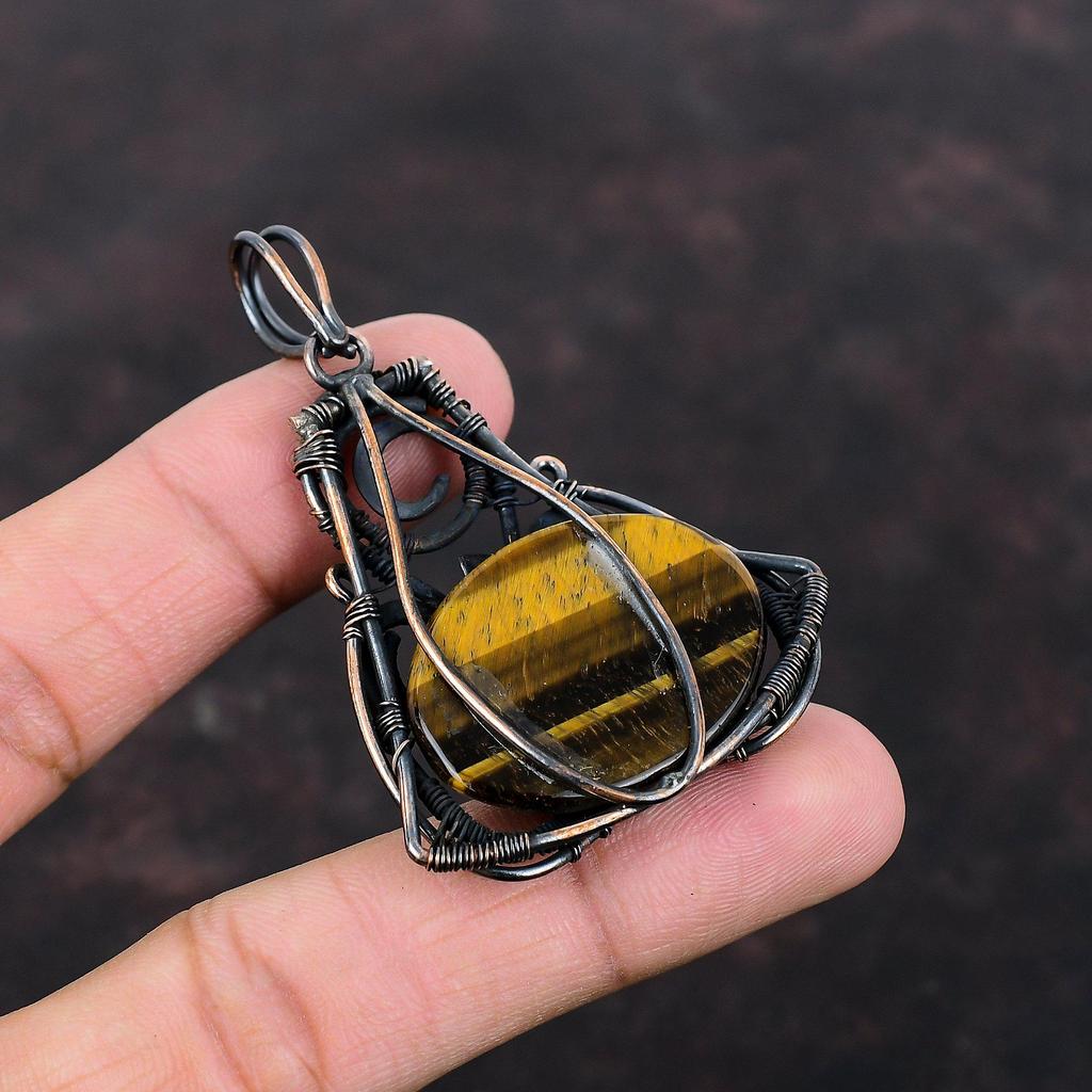 Tiger's Eye Pendant Copper Wire Wrapped Pendant Gemstone Pendant Unique Copper Design Jewelry Handmade Pendant Wire Wrapped Jewelry For Gift