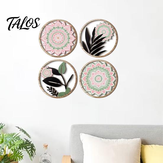 Decorative Wall Art for Bedroom 4Pcs Boho Decor, Floral Round Wooden Geometric Rustic Botanical Art, Farmhouse Aesthetic Hanging Ornaments Living Room