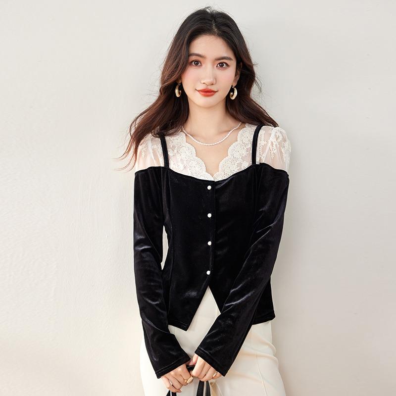 Spring New Women's Lace Stitching Velvet Inner Sexy V-Neck Shirt