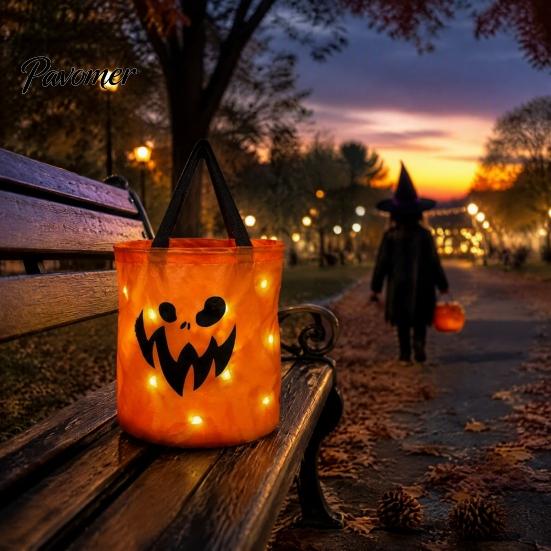 Durable Fabric Pumpkin Treat Bag Glowing Candy with LED Lights, Reusable Halloween Trick or Pail Tote for Kids, Handbag Party Favors Light Up