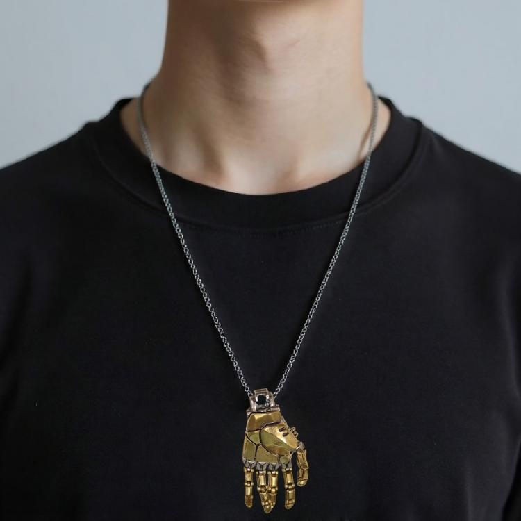 Futuristic Bionic Arm Copper Necklace Movable Finger Joints Robot Hand Charm Handcrafted Jewelry Gift for Men Women