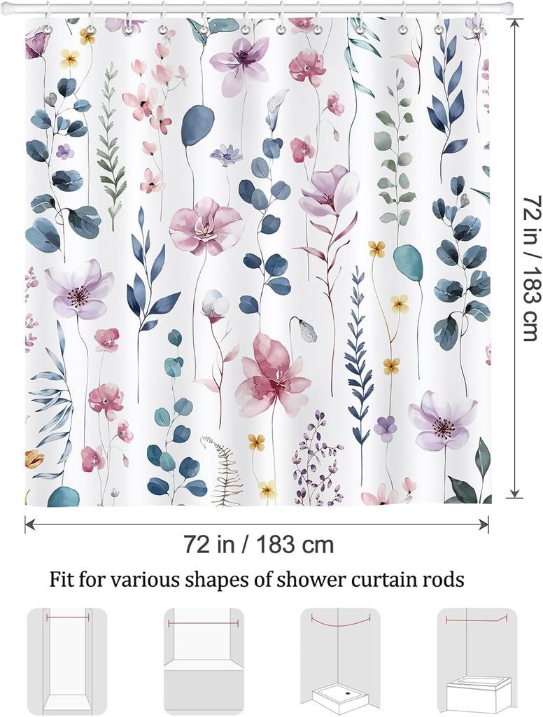 Bonhause Watercolor Floral Shower Curtain, Colorful Modern 72x72