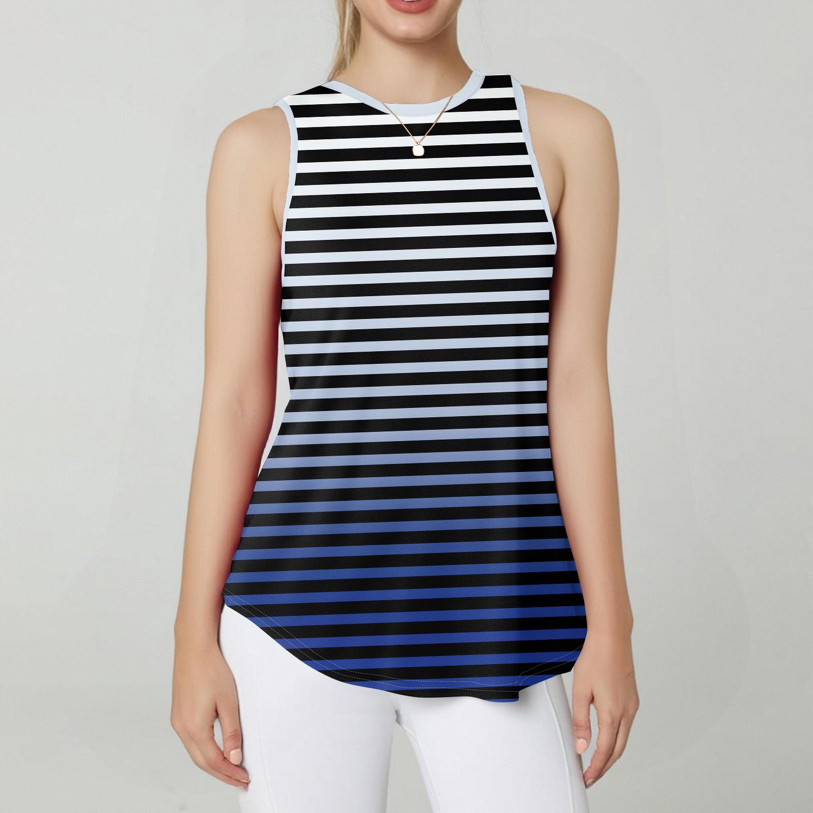 

Женский круглый вырез горловины полосатый принт жилет универсальный свободный подол без рукавов футболка топ L темно-синий