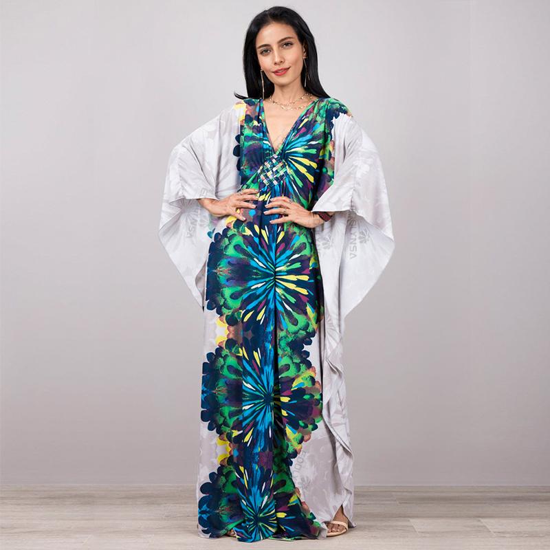 2022 Print Cover-ups Sexy Hand Weaving Deep V-neck Summer Beach Dress Tunic Kaftan Women Beachwear Swimsuit Cover Up Robe De Plage Q1289