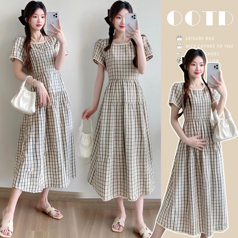 Elegant Plus Size Plaid Maternity Dress with Lace – Summer Fashion, Square Neck M