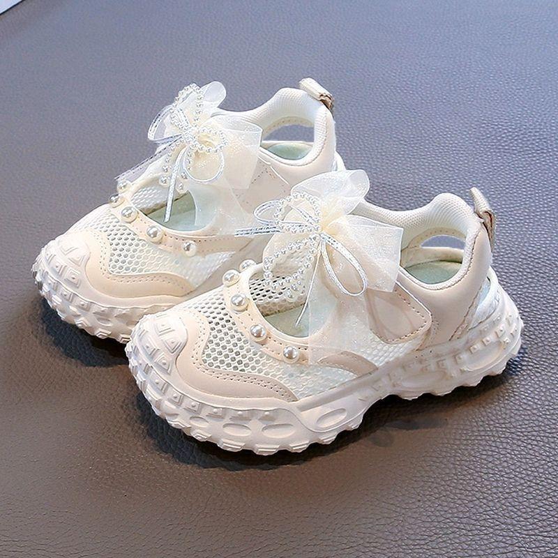 

Kids Mesh Breathable Pearl Bow Mary Jane Shoes Thick Sole Soft Casual Walking Sneakers For Girls 26 белый