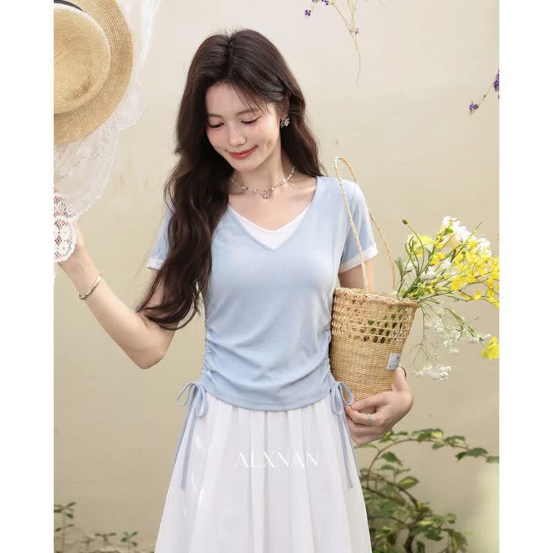 Women s Faux Two-Piece Short Sleeve T-Shirt M синий